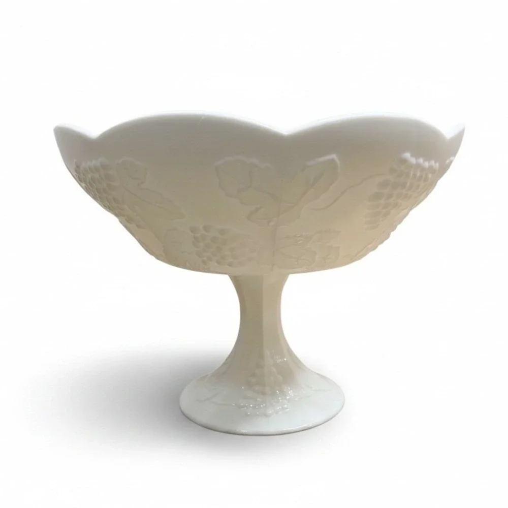 Vintage White Milk Glass Pedestal Compote Bowl Embossed Grapes & Scalloped Rim